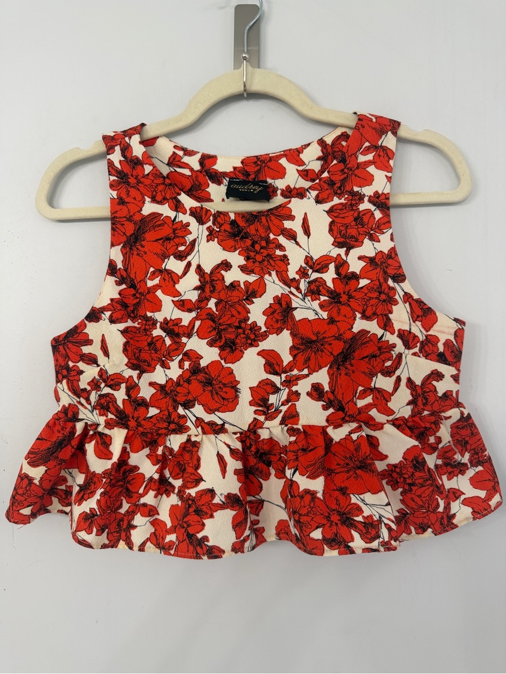 Audrey red and cream floral peplum sleeveless crop or shorter length blouse